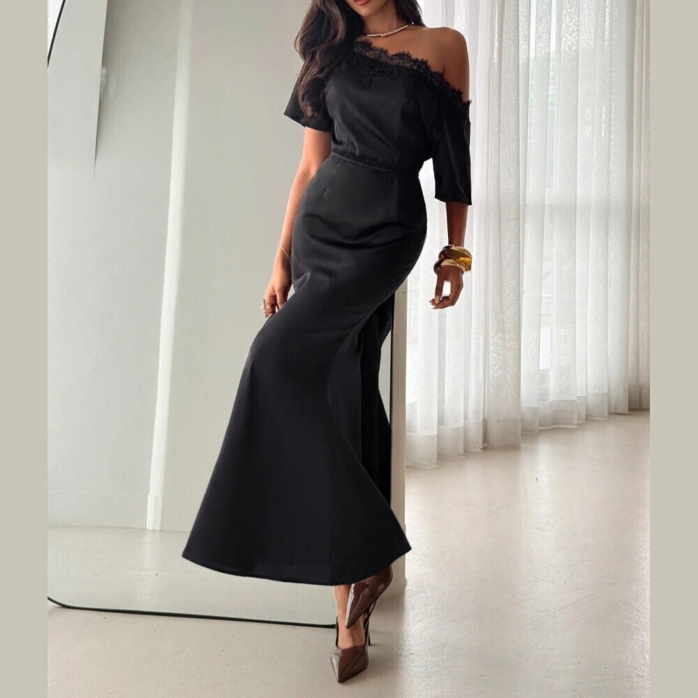 Black Satin Lace Trim Asymmetrical Neck One Shoulder Maxi Dress